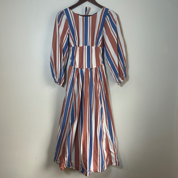 Free People Dresses & Skirts - Free People Free-est Midi Dress Womens XS Rust Blue White Striped Puff Sleeve